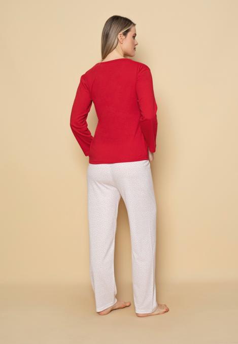 Pijama dama Serena-maneca lunga si pantalon lung, culoare rosu ,Engros